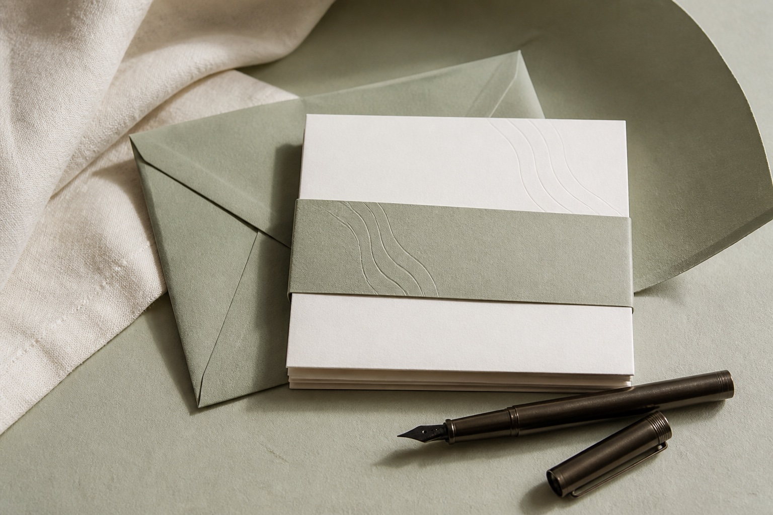 Sage and ivory personal correspondence cards with embossed curves and a fountain pen